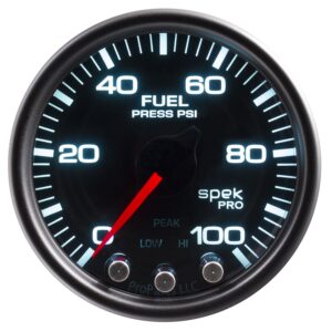 AUTOMETER Fuel Pressure Gauge 2 1/16", 100PSI, Stepper Mtr W/Pk & Wrn, Black/Smoke/Black, Spek