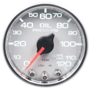 AUTOMETER Oil Pressure Gauge 2 1/16", 120PSI, Stepper Motor W/Peak & Warn, Wht/Chrm, Spek