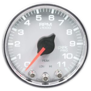 AUTOMETER Tachometer Gauge 2 1/16", 11K RPM, W/ Shift Light & Peak Mem, Wht/Chrm, Spek-Pro