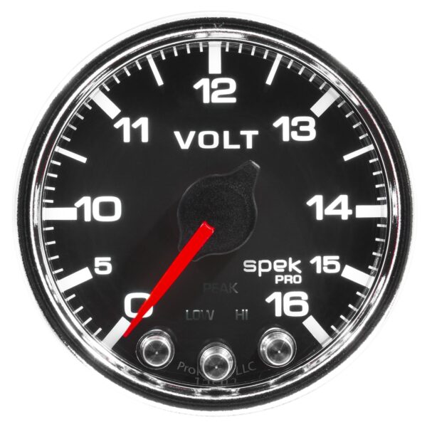 AUTOMETER Voltmeter Gauge 2 1/16", 16V, Stepper Motor W/Peak & Warn, Black/Chrm, Spek-Pro