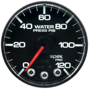 AUTOMETER Water Pressure Gauge 2 1/16", 120PSI, Stpr Mtr W/Pk & Wrn, Bk/Bk, Spek, No O-Ring