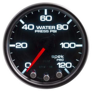 AUTOMETER Water Pressure Gauge 2 1/16", 120PSI, Stepper Mtr W/Pk & Wrn, Black/Smoke/Black, Spek