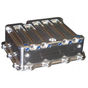 Meziere WTP310 natural aluminum deep transmission pan for GM Powerglide featuring an integrated heat exchanger