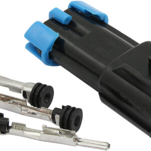 Aeroflow AF49-1159 Delphi 40mm 2-pin male fuel pump electrical plug with terminals and fuel-safe seals