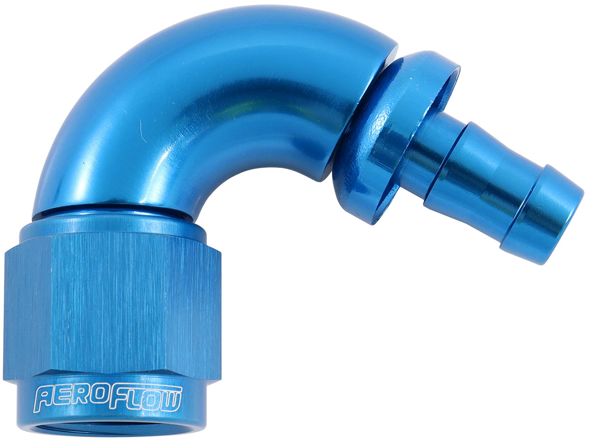 AEROFLOW -6AN TO 5/16" BARB 120 DEGREE FULL FLOW PUSH LOCK BLUE