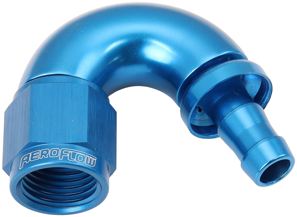 AEROFLOW -6AN TO 5/16" BARB 150 DEGREE FULL FLOW PUSH LOCK BLUE