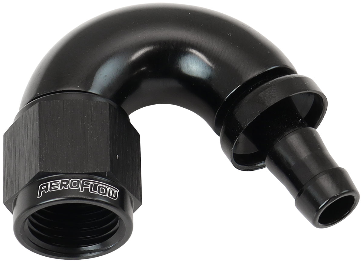 AEROFLOW -6AN TO 5/16" BARB 150 DEGREE FULL FLOW PUSH LOCK BLACK