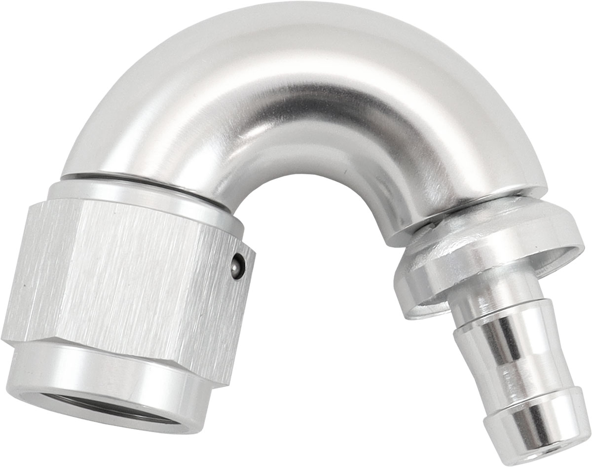 AEROFLOW -6AN TO 5/16" BARB 150 DEGREE FULL FLOW PUSH LOCK SILVER