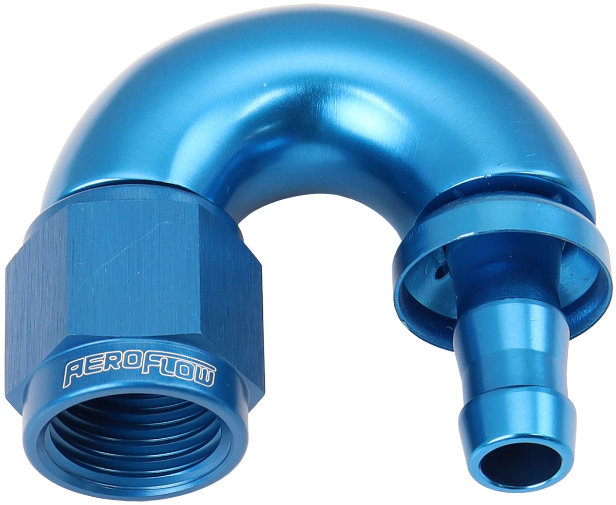 AEROFLOW -6AN TO 5/16" BARB 180 DEGREE FULL FLOW PUSH LOCK BLUE