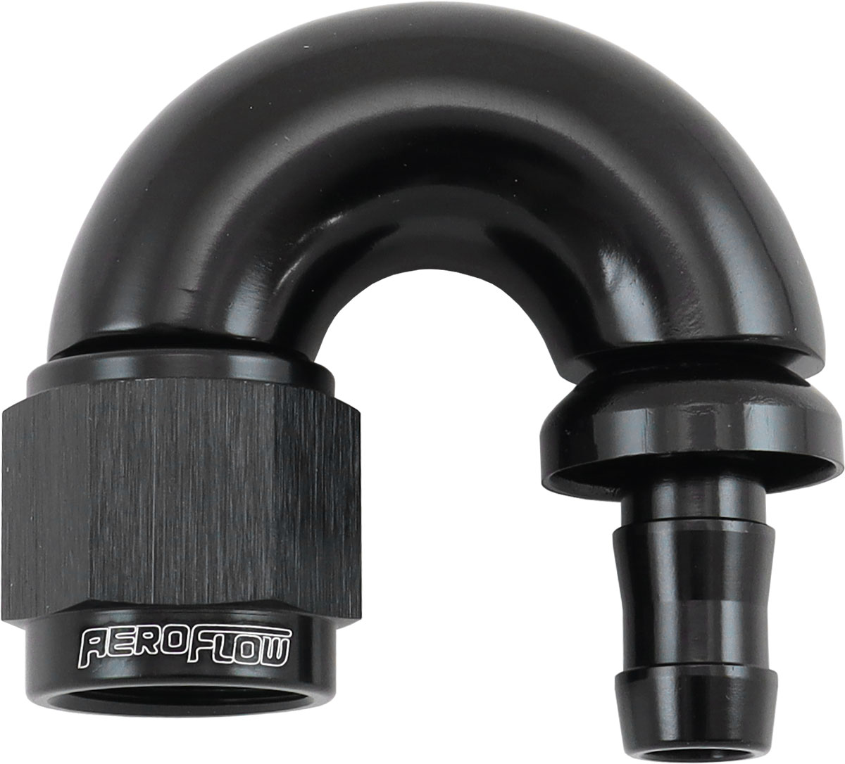 AEROFLOW -6AN TO 5/16" BARB 180 DEGREE FULL FLOW PUSH LOCK BLACK