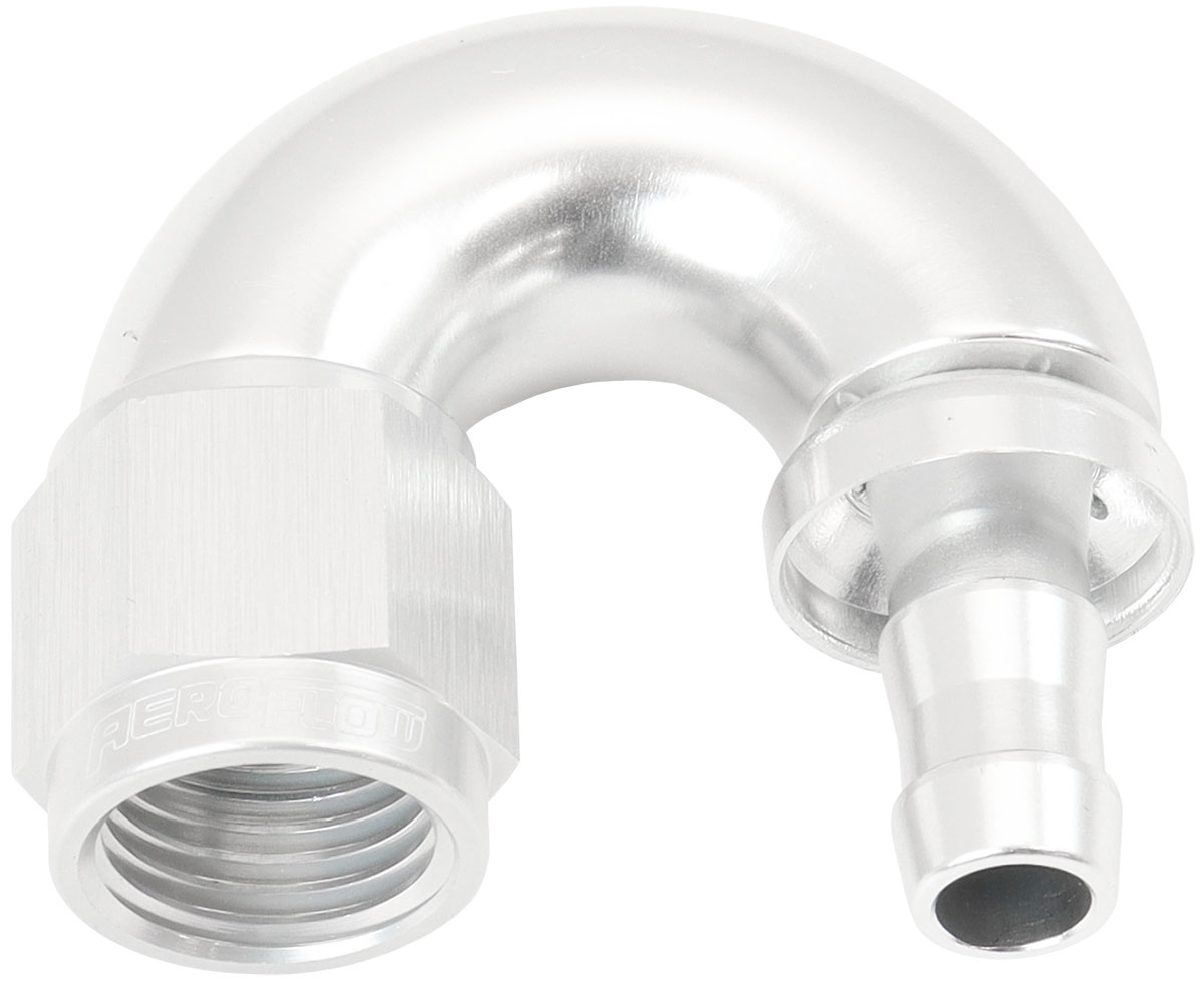 AEROFLOW -6AN TO 5/16" BARB 180 DEGREE FULL FLOW PUSH LOCK SILVER