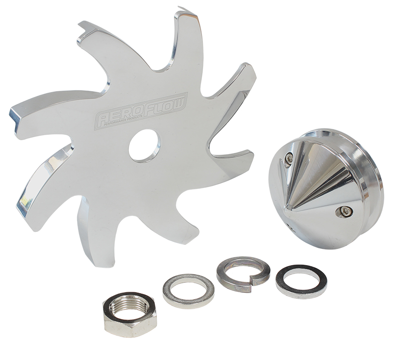 AEROFLOW BILLET ALTERNATOR PULLEY & FANWITH NOSE COVER, POLISHED