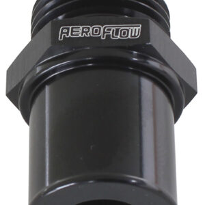 Aeroflow AF708-08RBLK press-in rear valve cover breather adapter in anodised black with 19mm OD push-fit barb and male -8AN fitting
