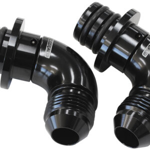 Pair of Aeroflow AF72-5051 aluminium transmission cooler adapter fittings featuring -8AN swivel ends, designed for Ford 6R80 and ZF gearboxes.