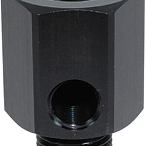 Aeroflow AF810-M12-02BLK M12 x 1.5mm metric gauge extension adapter in black anodised aluminium with three 1/8" NPT auxiliary port options and port plugs.