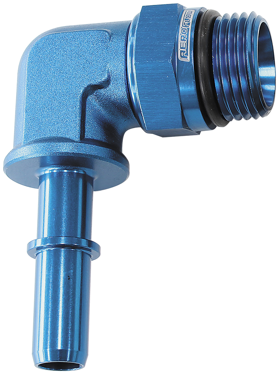AEROFLOW EFI FUEL FITTING 90 DEG 5/16 PUSH ON BARB TO -8ORB BLUE