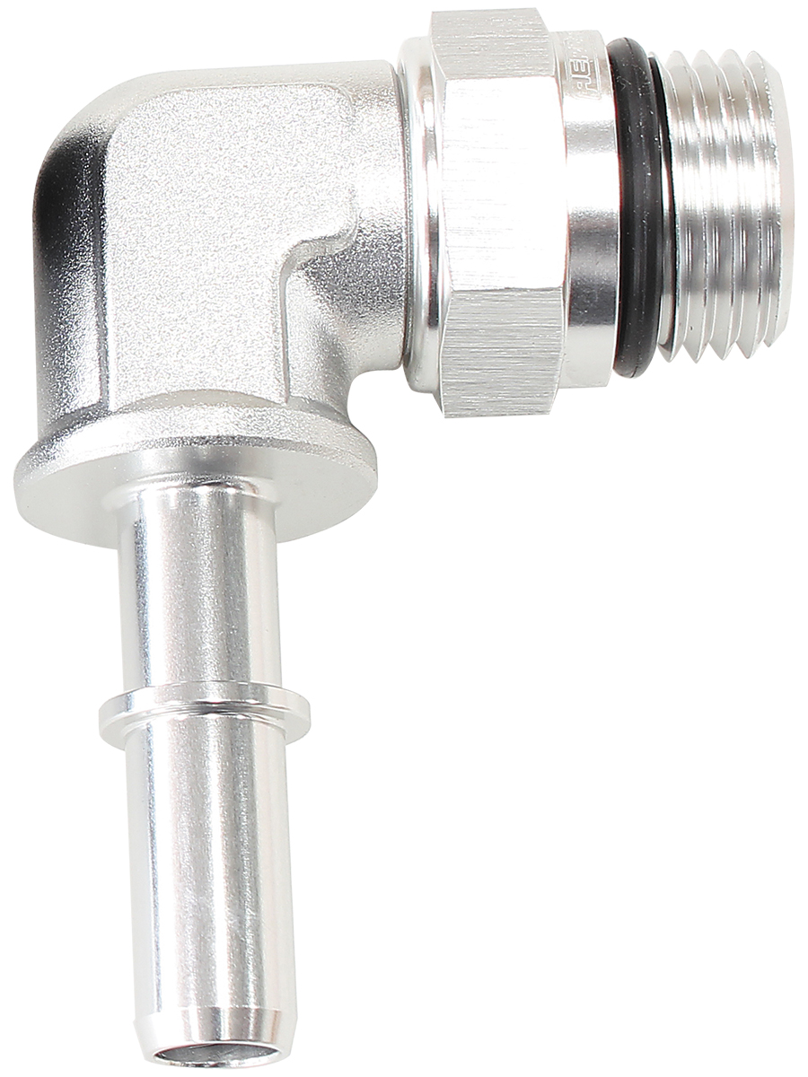 AEROFLOW EFI FUEL FITTING 90 DEG 5/16 PUSH ON BARB TO -8ORB SILVER