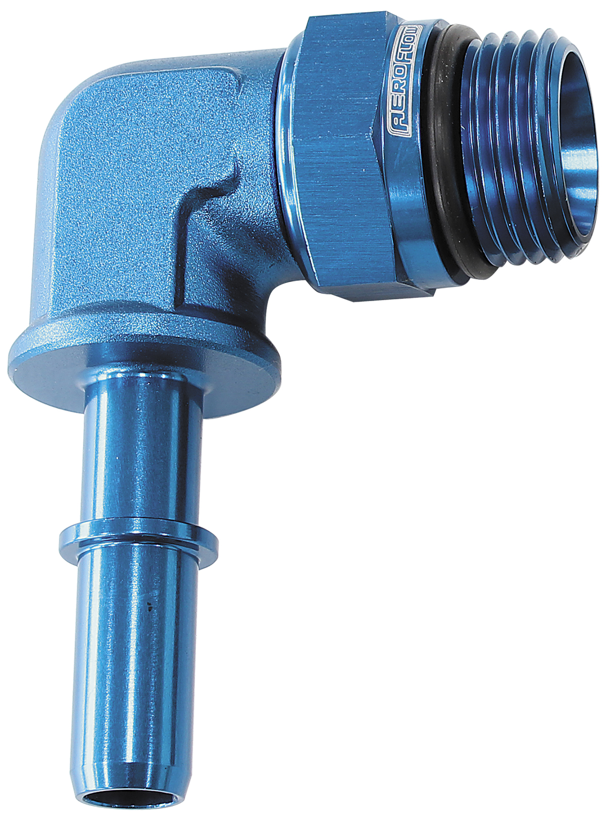 AEROFLOW EFI FUEL FITTING 90 DEG 3/8 PUSH ON BARB TO -8ORB BLUE