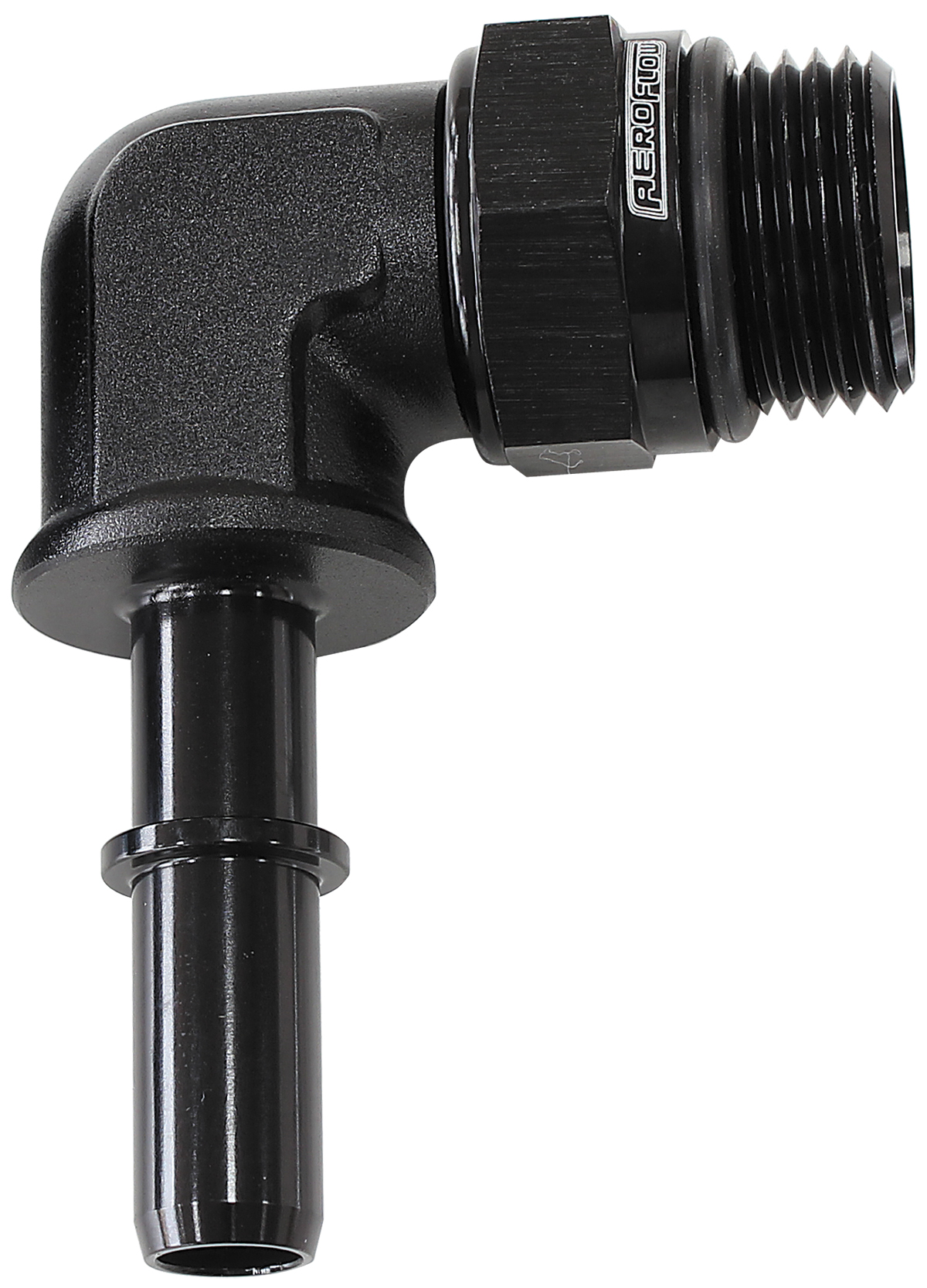AEROFLOW EFI FUEL FITTING 90 DEG 3/8 PUSH ON BARB TO -8ORB BLACK