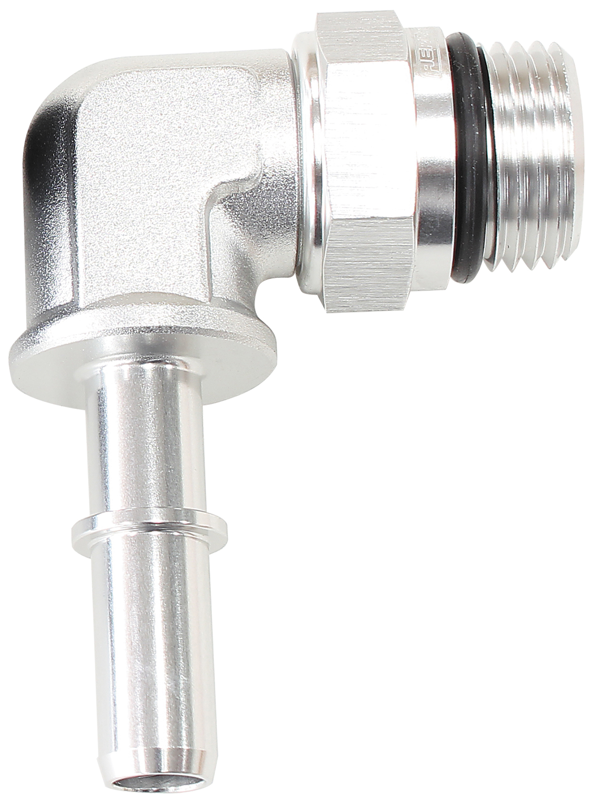 AEROFLOW EFI FUEL FITTING 90 DEG 3/8 PUSH ON BARB TO -8ORB SILVER