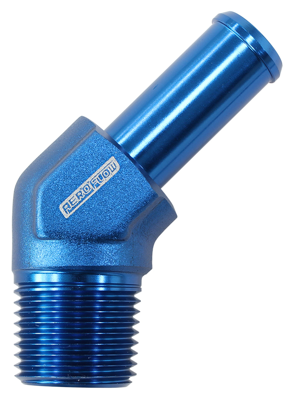 AEROFLOW 45 DEG 1/2" NPT TO 3/4" BARB SILVER 45 DEG MALE TO MALE