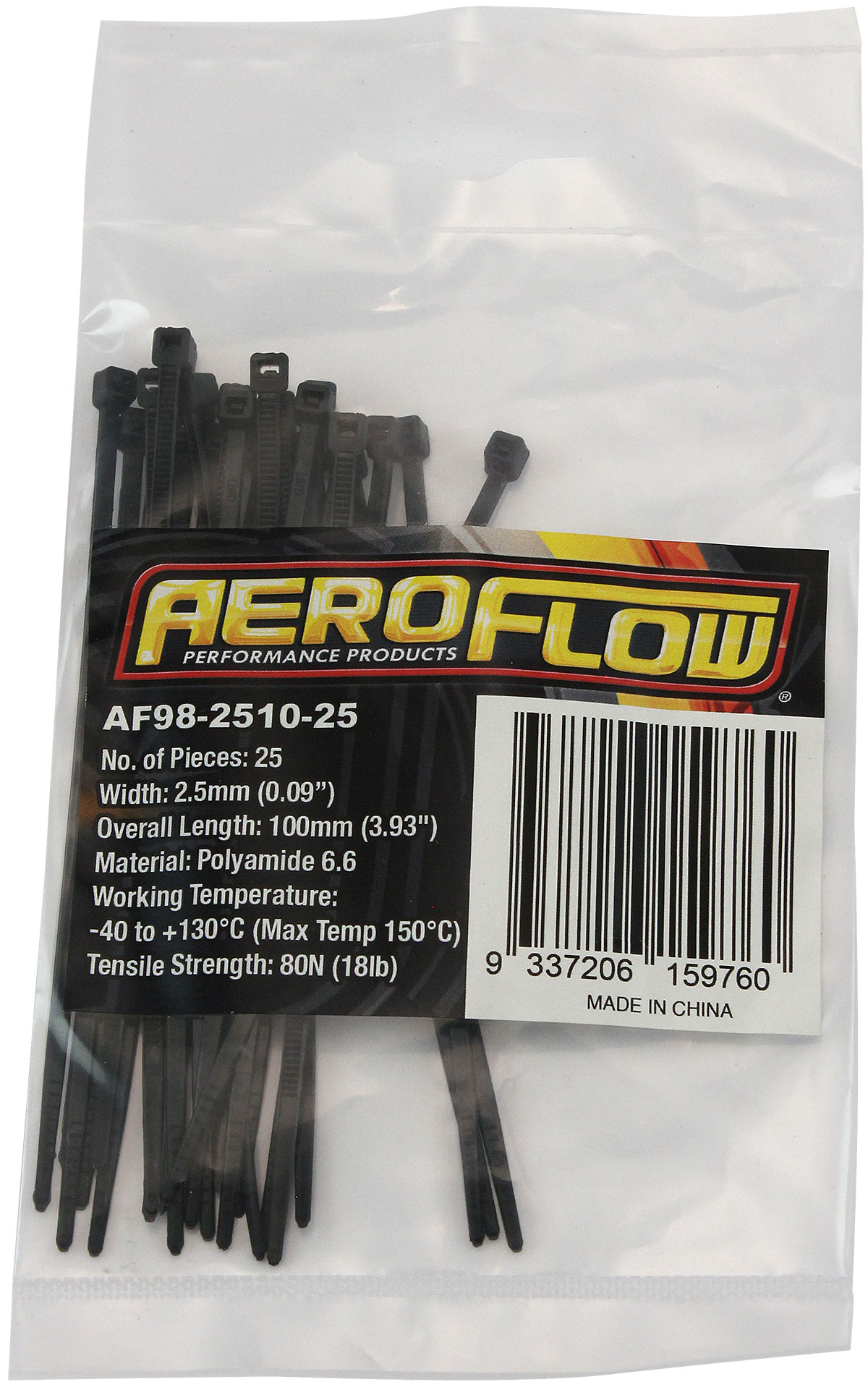 AEROFLOW HIGH TEMP CABLE TIES 2.5x100mm1000 PACK BLACK ZIP TIE PA46 - Image 2