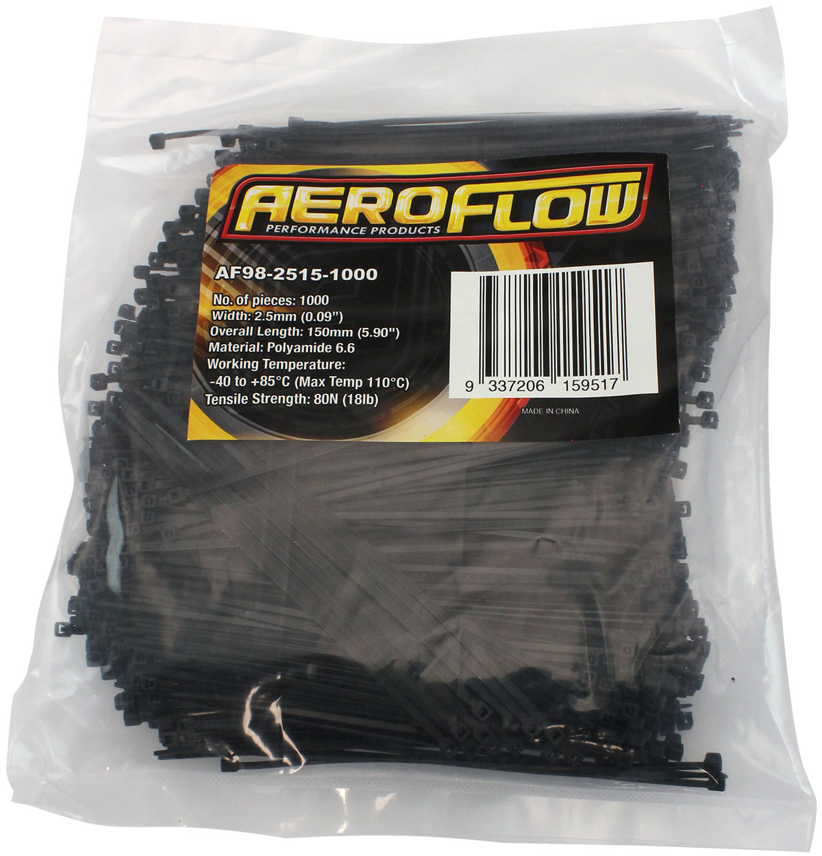 AEROFLOW CABLE TIES 2.5mm x 150mm 100 PACK BLACK ZIP TIE PA66 - Image 3