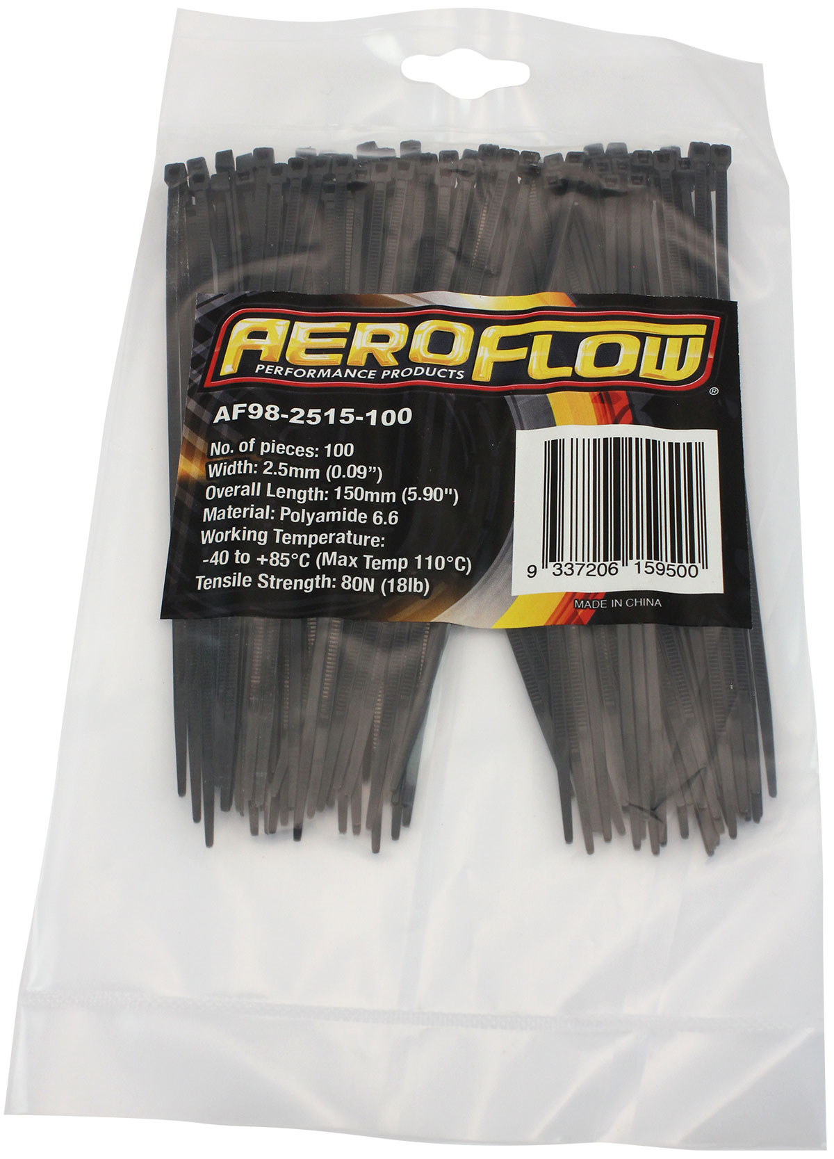 AEROFLOW HIGH TEMP CABLE TIES 2.5x100mm25 PACK BLACK ZIP TIE PA46 - Image 3