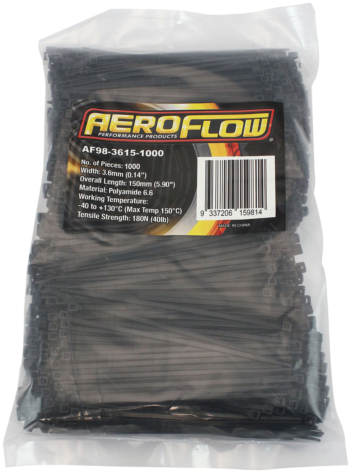 AEROFLOW HIGH TEMP CABLE TIES 3.6x150mm100 PACK BLACK ZIP TIE PA46 - Image 3