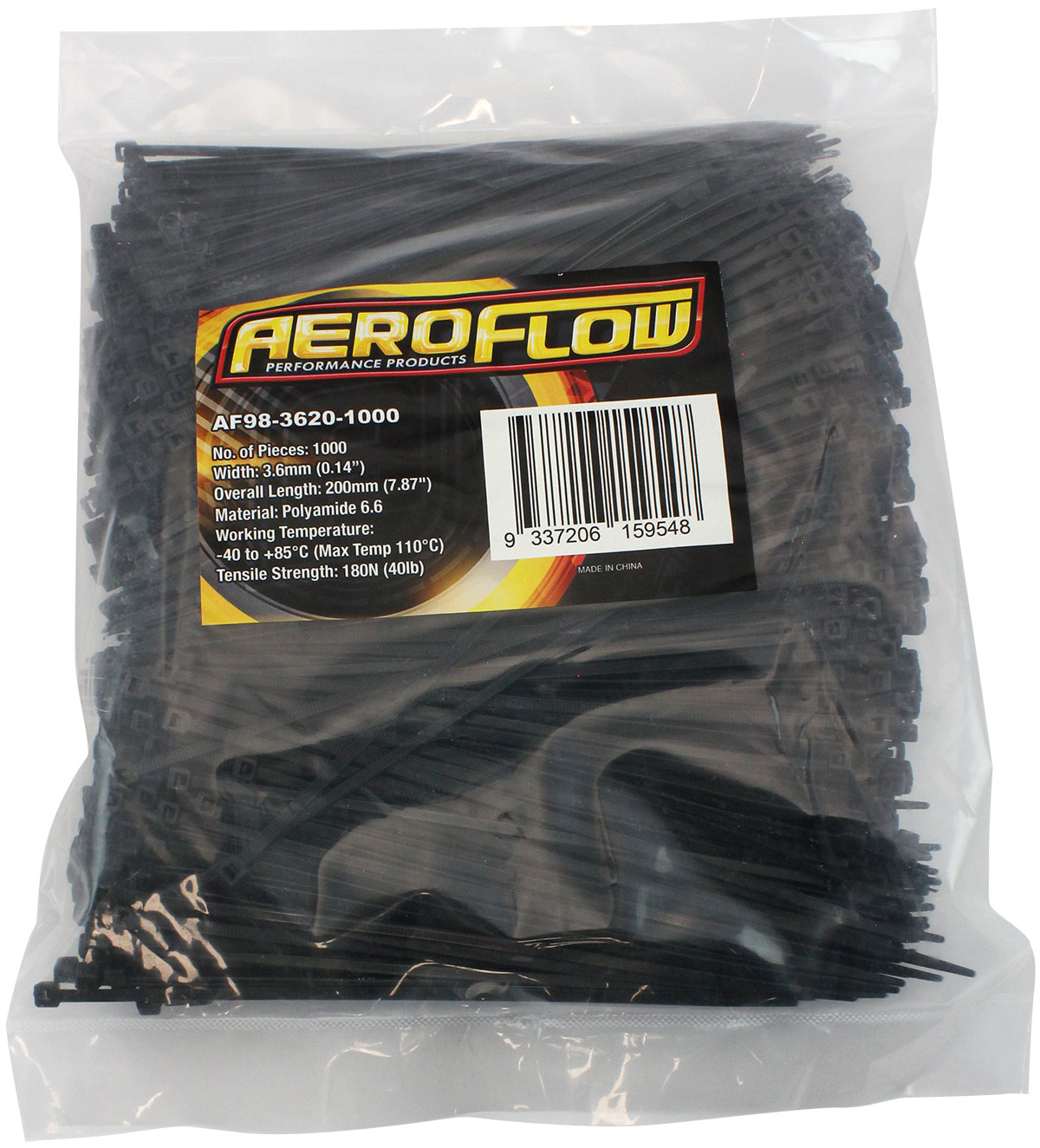 AEROFLOW CABLE TIES 3.6mm x 200mm 100 PACK BLACK ZIP TIE PA66 - Image 2