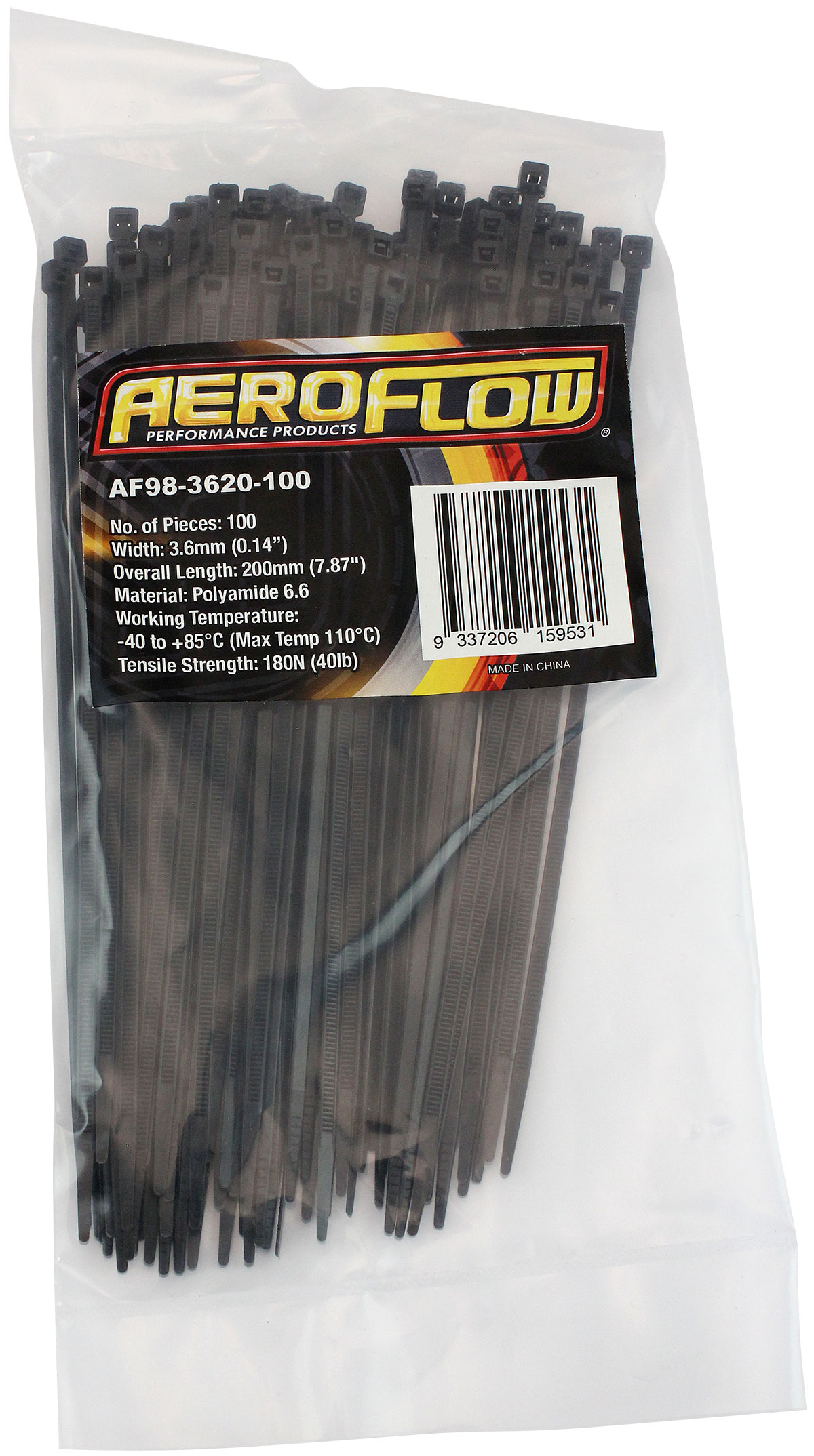 AEROFLOW HIGH TEMP CABLE TIES 3.6x150mm25 PACK BLACK ZIP TIE PA46 - Image 2