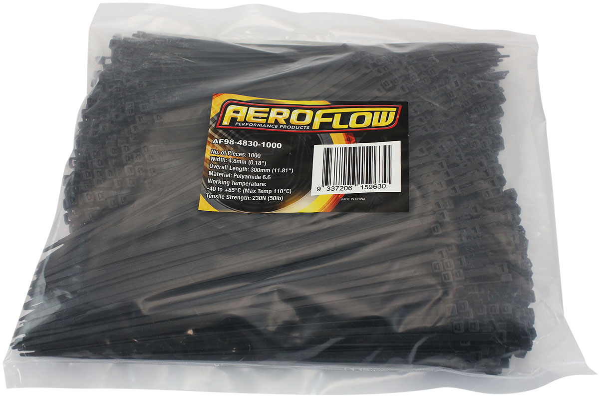 AEROFLOW CABLE TIES 4.8mm x 300mm 100 PACK BLACK ZIP TIE PA66 - Image 2