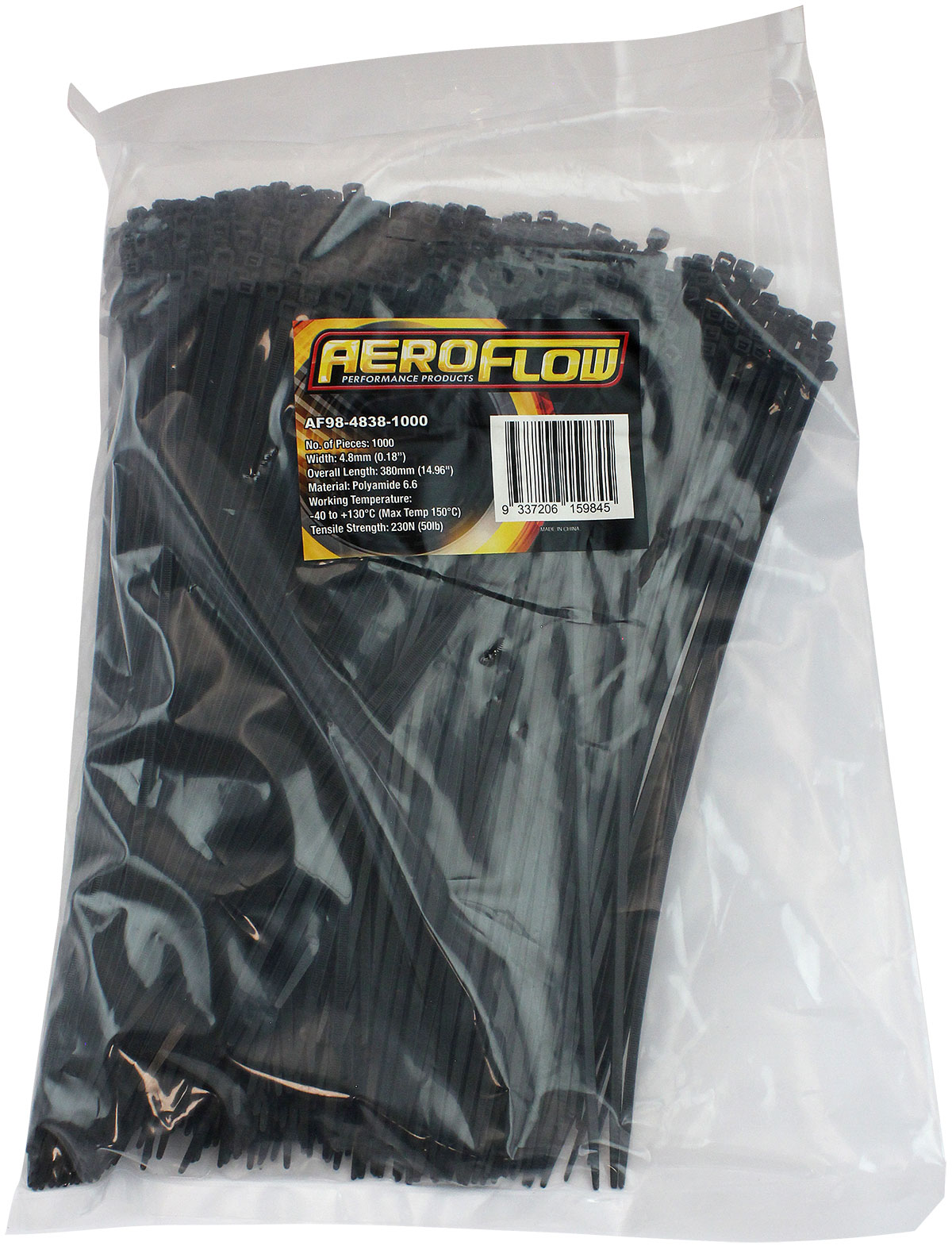 AEROFLOW HIGH TEMP CABLE TIES 4.8x380mm100 PACK BLACK ZIP TIE PA46 - Image 3