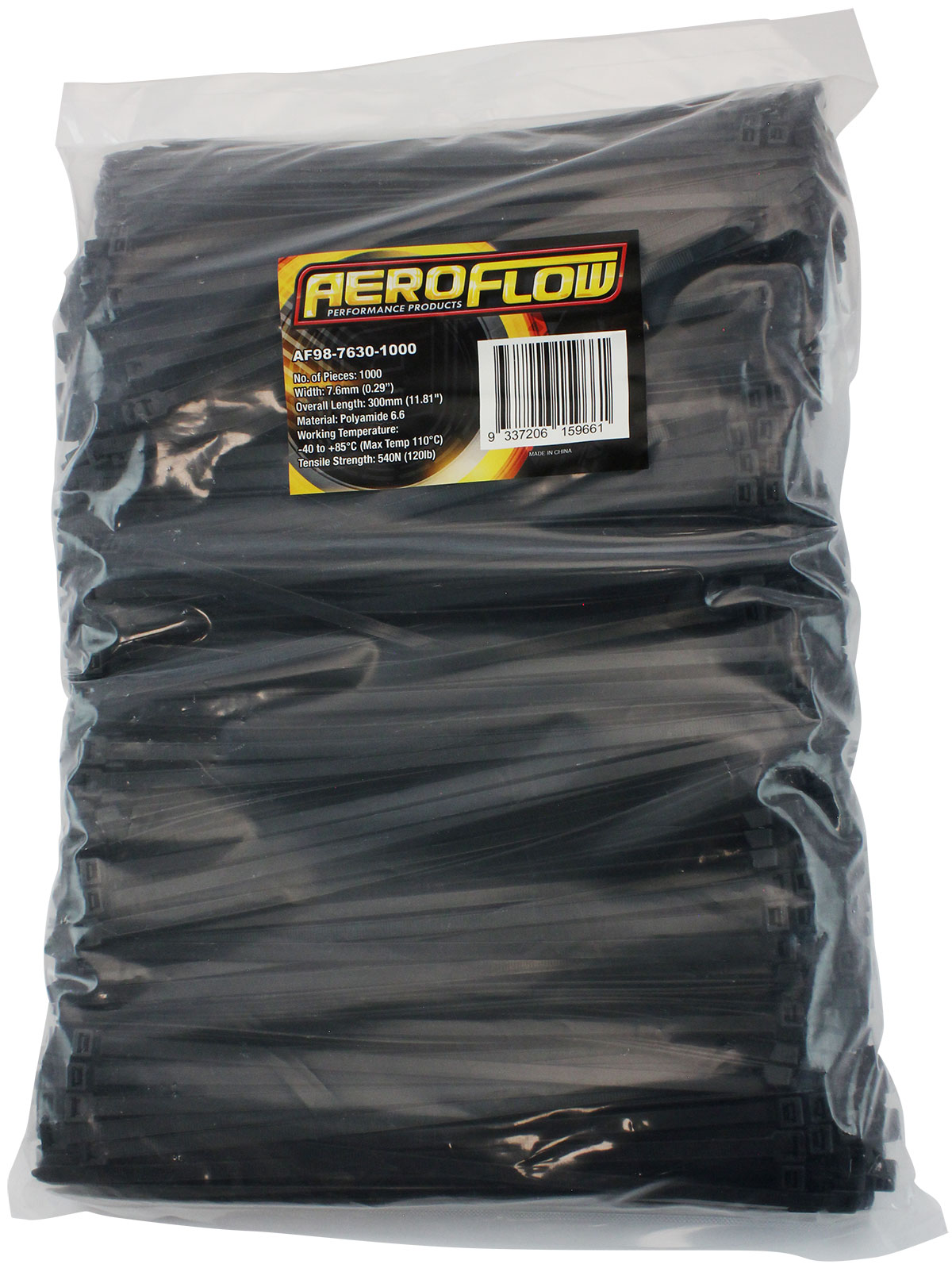 AEROFLOW CABLE TIES 7.6mm x 300mm 100 PACK BLACK ZIP TIE PA66 - Image 3