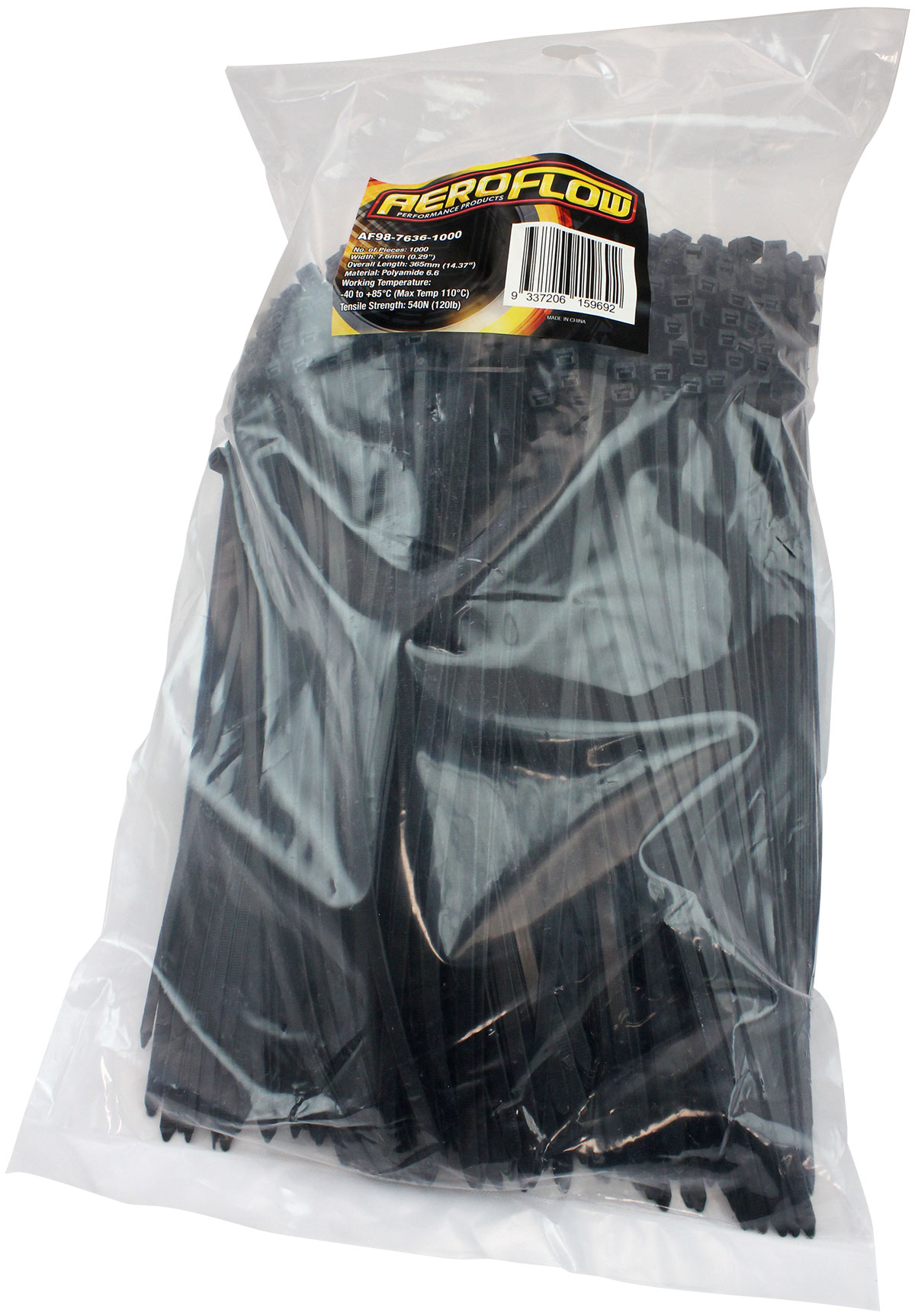 AEROFLOW CABLE TIES 7.6mm x 365mm 100 PACK BLACK ZIP TIE PA66 - Image 2