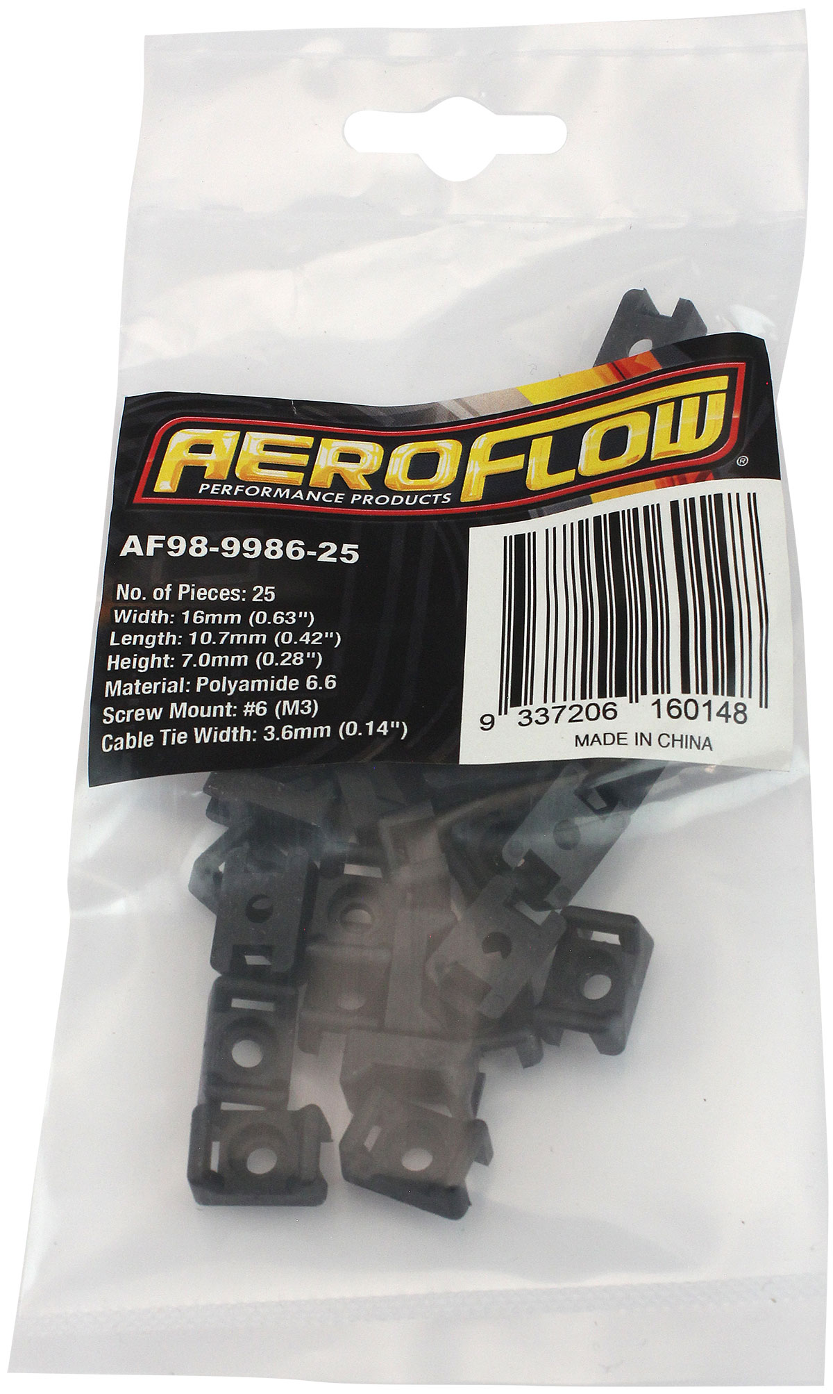 AEROFLOW CABLE TIE SCREW MOUNTS 16mm x 10.7mm M3 HOLE PA66 100 PACK - Image 2