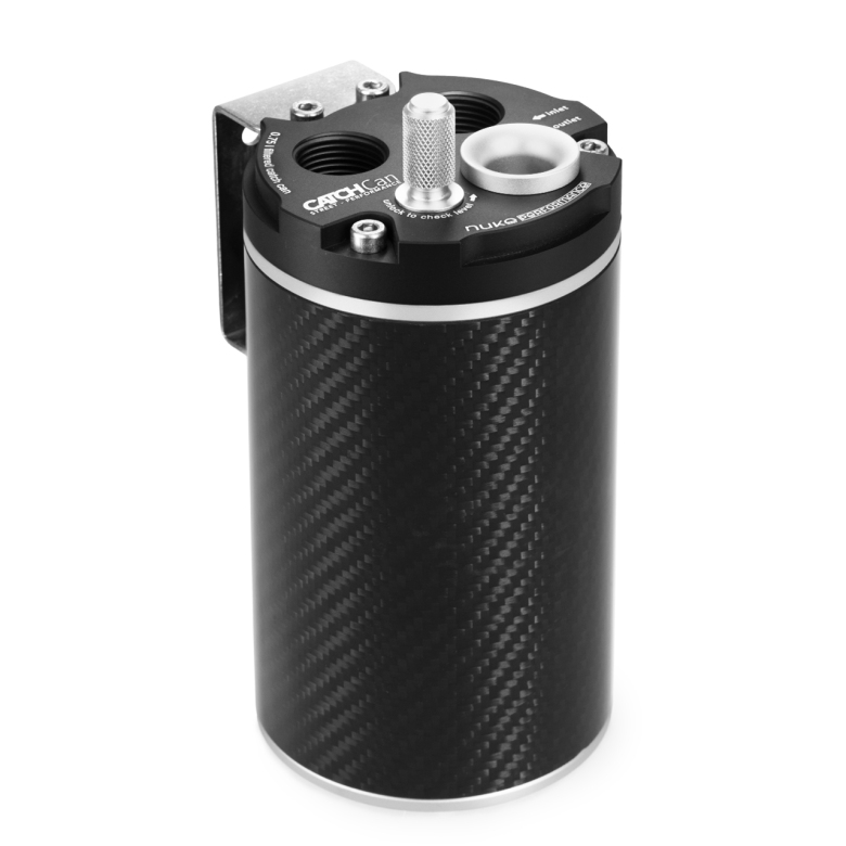 Nuke Performance 265-01-202 0.75L glossy carbon fibre oil catch can with dual AN-10 ORB inlet ports, anodized top lid, dipstick, and stainless mounting bracket.