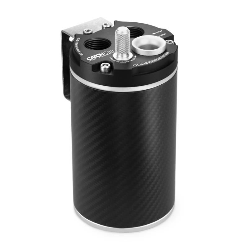 Nuke Performance 265-01-203 Matte Carbon Oil Catch Can 0.75L with black anodized aluminum top, dual AN-10 ORB inlet ports, integrated dipstick, and stainless steel bracket.